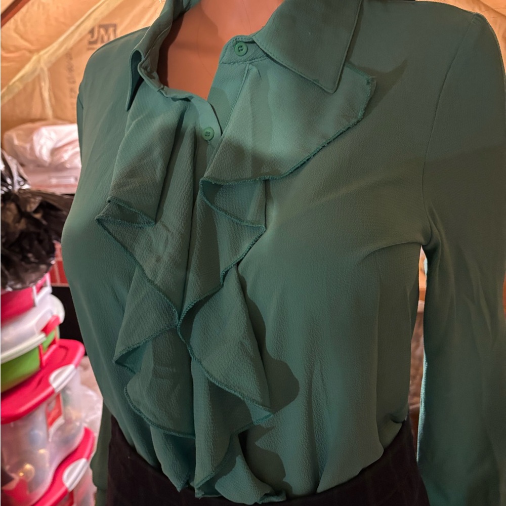 Women’s Chic Teal Ruffle Front Blouse
